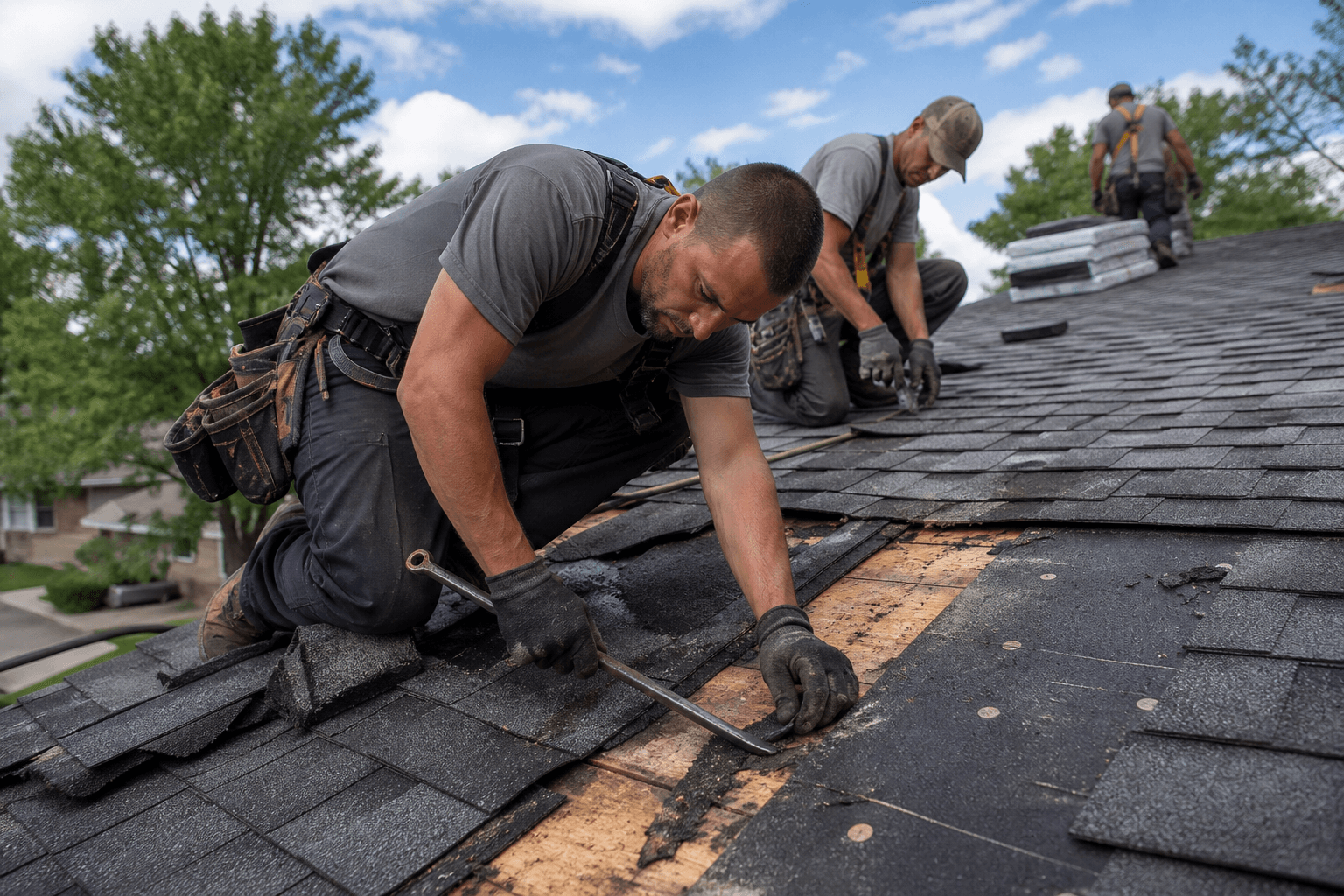 Roofing crew repairing a section of damaged shingles on a home in Omaha, Nebraska